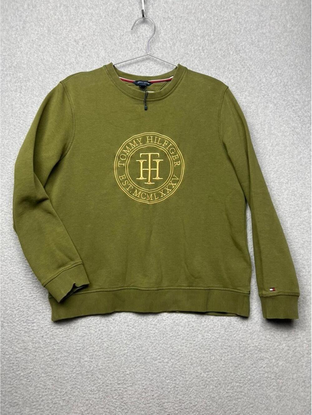 Tommy Hilfiger L Womens Green Embroidered Logo Crewneck Sweatshirt y2k 90s prep